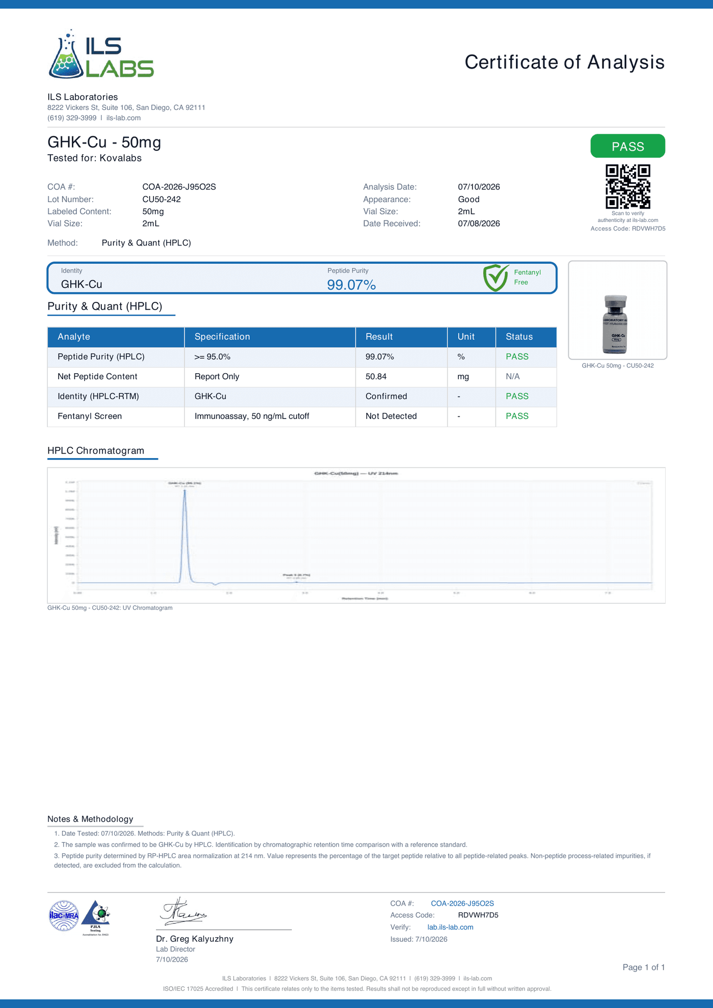 Certificate of analysis for GHK-Cu lot CU50-242 showing 99.07% purity by RP-HPLC, net peptide content 50.84 mg and fentanyl not detected